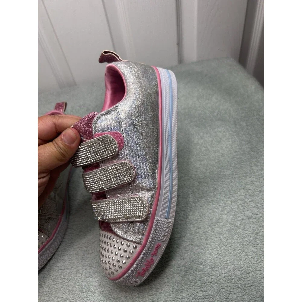 Skechers Twinkle Toes Girls Silver Pink Rhinestone Sneakers Size 4.5